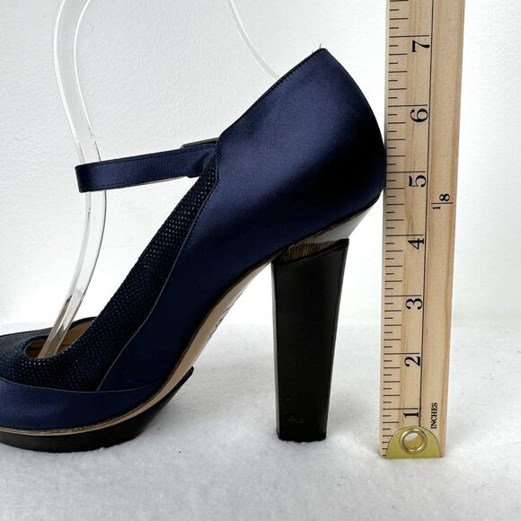 Nicholas Kirkwood Mary Jane High Heels EU 38 US 7.5 Navy Satin Round Toe Italy - Picture 13 of 14